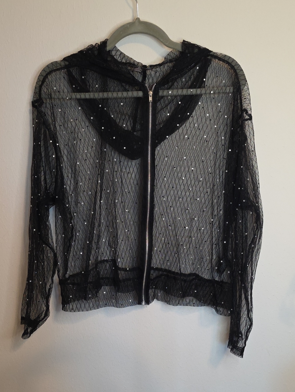 Chesley Sheer Black Mesh Zip Hoodie with Sparkle Dots